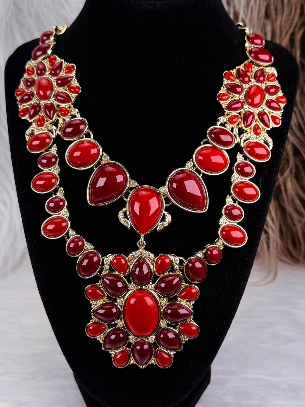 Mark Red Burgundy Statement Necklace Gold Tone Floral Bib